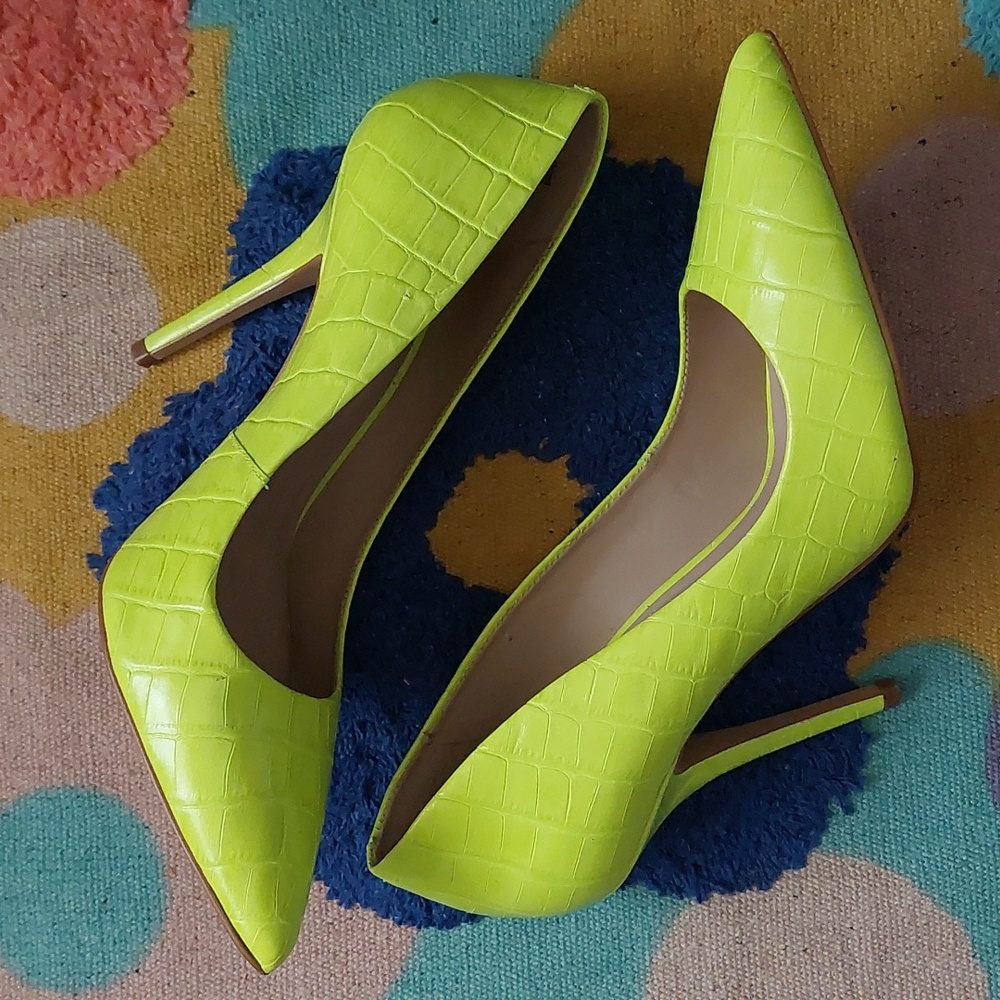 Aldo Neon Yellow/Green Crocodile Heels Sz 10 + Mathching Unbranded Bag - Picture 4 of 16